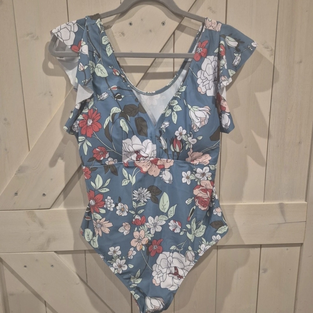 Unbranded One Piece 2xl With Flutter Sleeve, Teal With Floral Design